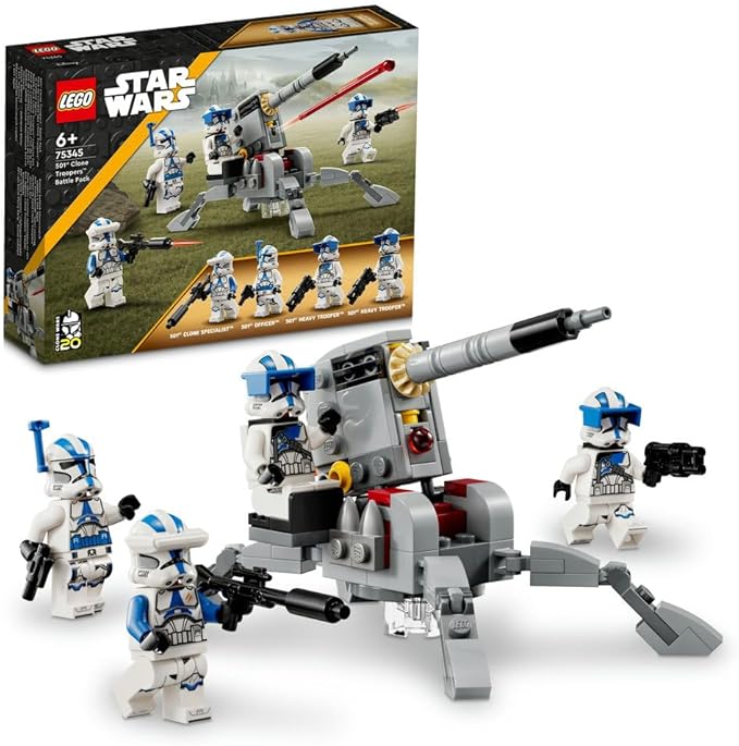 LEGO 75345 Star Wars Zestaw Bitewny – Żołnierze-klony z 501. legionu, Zestaw klocków, Działo Przeciwpancerne AV-7, Działko Sprężynowe i 4 Minifigurki
